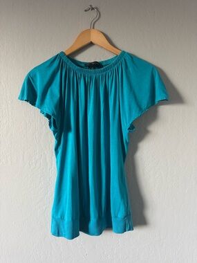 Banana Republic Silk Teal Short Sleeve Gathered Neck Top Y2K